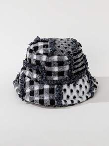 1pc Unisex Black & White Geometric Pattern Fleece Bucket Hat, Suitable For Autumn/Winter Warmth, Casual Wear, Travel