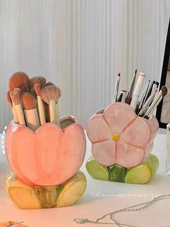 1 件花卉图案化妆刷架、办公室笔筒、卧室装饰桌面收纳盒、万圣节和圣诞节礼物家居浴室装饰秋季装饰化妆品收纳盒返校