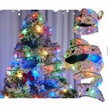MANHUIDU 1 dây ruy băng nhiều màu sắc trang trí cây thông Noel có đèn, dây ruy băng vàng, vòng hoa ruy băng trang trí cây thông Noel, đồ trang trí cây thông Noel, chạy bằng pin (không bao gồm pin), Giáng sinh - Nhiều màu - Xem 7