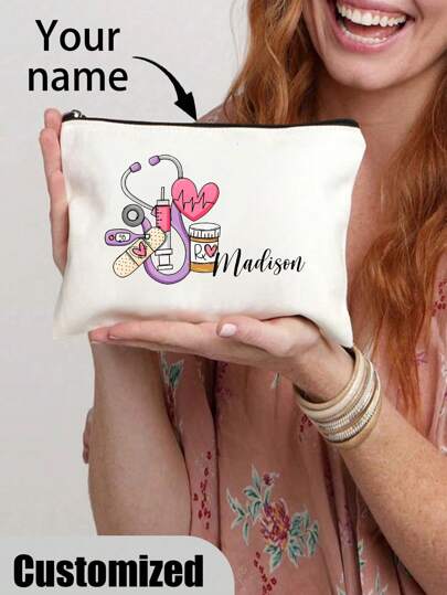 Personalized Nurse Doodle Makeup Bag: Lightweight, Zipper Closure, Travel Toilet Storage, Party Gift, Cosmetic Pouch, Appreciation Gift, Nurse Gift Ideas, Letter, Portable, Multifunction, Versatile, Lightweight, Large Capacity, All-Purpose, Practical, Cute, Adorable, Contracted, Vacay Vibes/Vacation, Unique, Customized, Ideal Gifts For Her, Women, Rookies & White-Collar Workers, Girlfriend, Pink Girls, Her, Friends, Family, Travel Accessories, Customized Toiletry Bags, Street Casual Chic