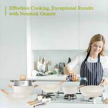 12pcs Pots And Pans Set NonStick Kitchen Cookware SetsInduction Cookware Nonstick GraniteCooking Set With Frying PansSaucepans, Steamer Silicone ShovelSpoon & Tongs With Glass Lids  (Black/White) - trắng - Xem 3