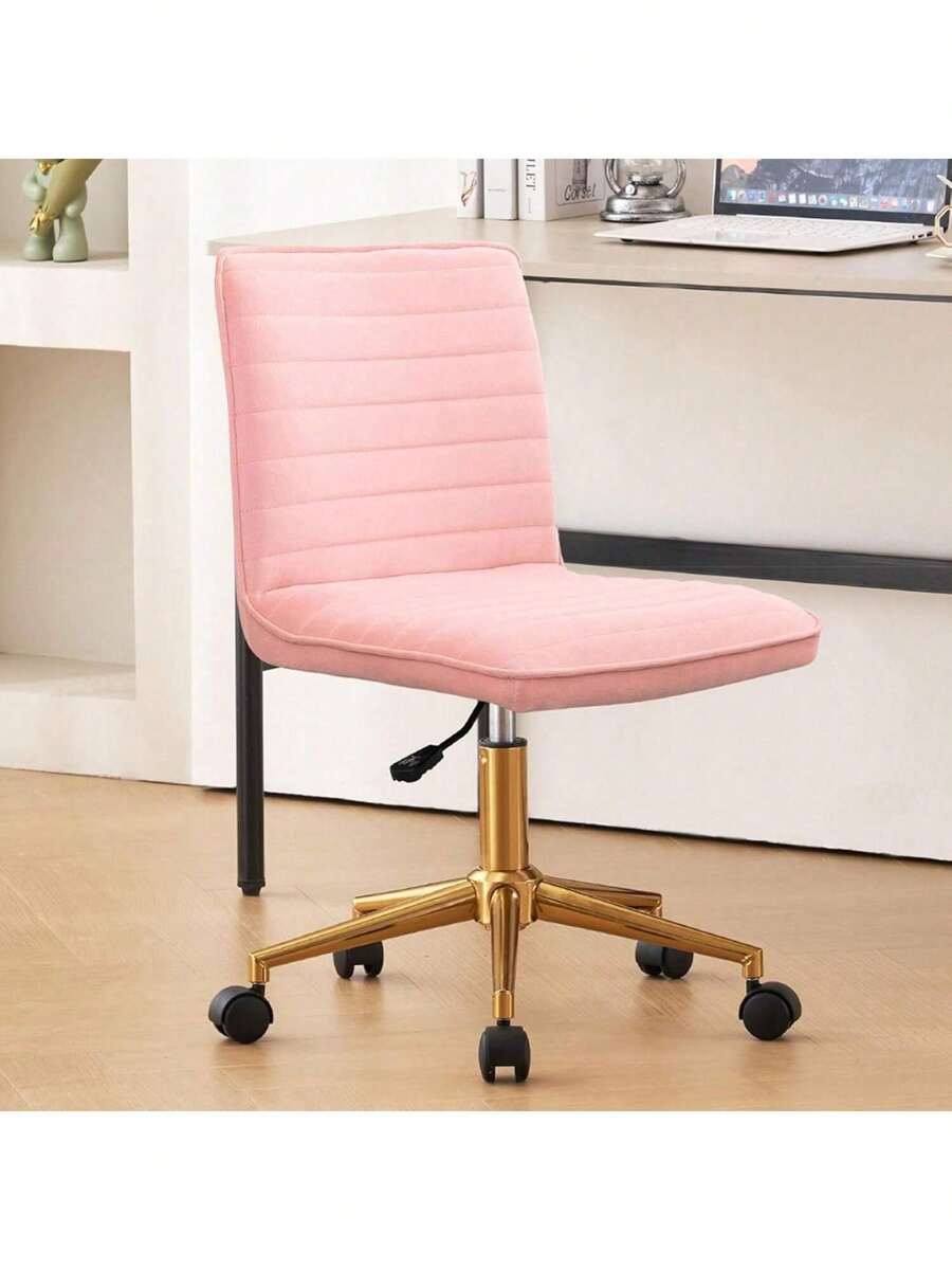 Silla de escritorio sin brazos con ruedas y giro, tapizada en terciopelo rosa, silla de oficina en casa de respaldo medio ajustable para adolescentes, escritorio de tocador, dormitorio, sala de estar (Terciopelo-Rosa) - Rosa terciopelo - Ver 1
