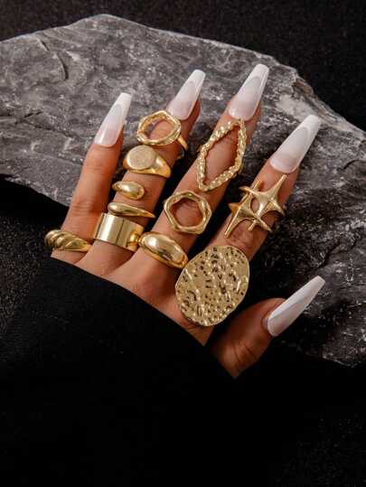 imoli 3pcs/4pcs/6pcs/8pcs/10pcs Fashion Minimalist Alloy Round Star Niche Geometric Pleated Arched Chunky Jewelry Knuckle Rings Set For Women, Party Gifts