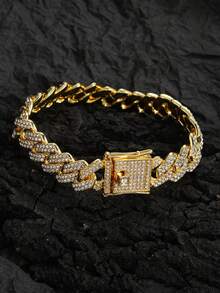 1 chiếc vòng tay mắt xích dày có khóa Dragon Claw, hoàn toàn phủ đá, phụ kiện thời trang Hip Hop phù hợp cho nam giới - Vàng - Xem 3