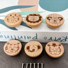 6pcs Handcrafted Beech Wood Animal Knobs - Unique Engraved Design For Dresser & Kitchen Cabinets, Single Hole Drawer Pulls With Screws Included