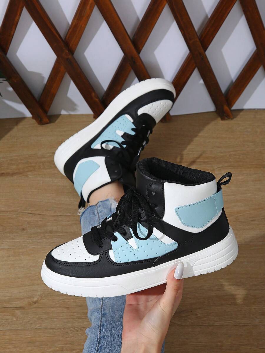 Women's High-Top White/Black/Blue Sneakers, Casual Lace-Up Round Toe Comfortable Shoes - 白黑藍色四季款式 - 查看 1