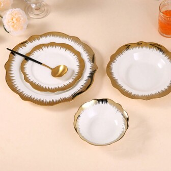 4件/套盘子套装，欧式金边波浪纹陶瓷餐盘，适用于沙拉、甜点、牛排、意大利面、婚宴