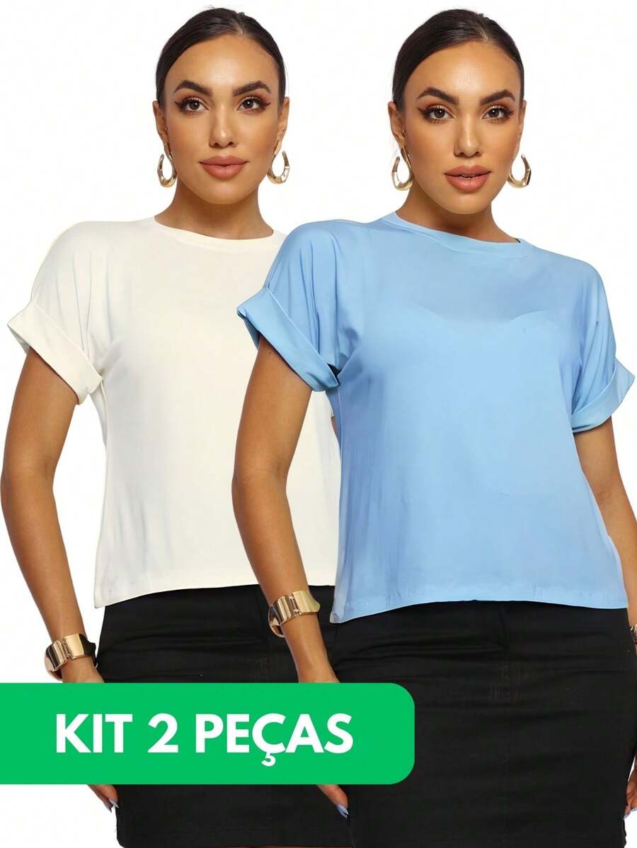 Kit 2 Blouse Japanese Sleeve Plain Tshirt Tank Top Muscle Tee Women's Comfortable Macho Cropped T-Shirt Women's - 關閉/淺藍色 - 查看 1