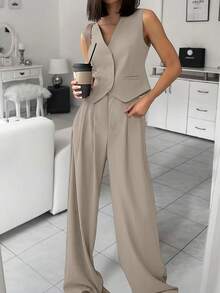 欧美商务职业无袖纽扣背心和西装裤优雅装 - 米色 - 查看 7