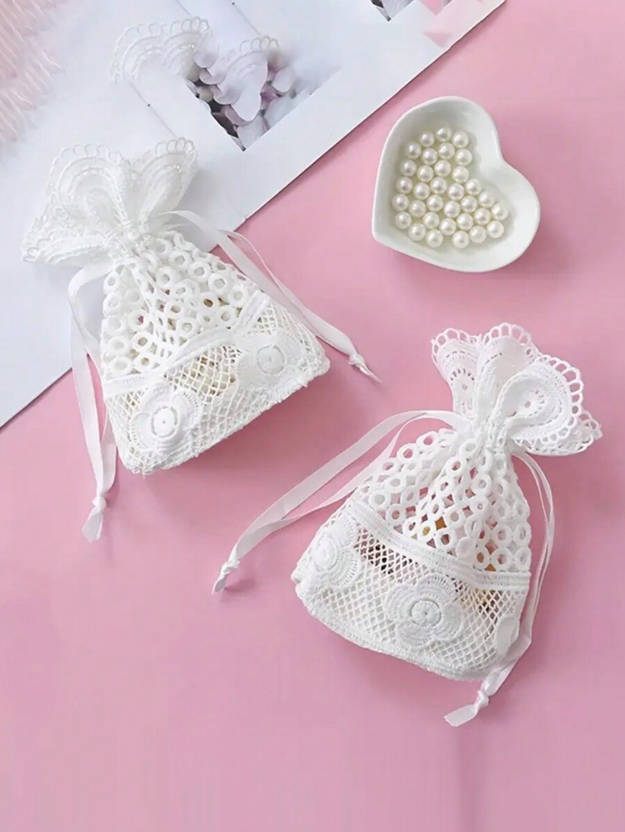 1pc Cotton Drawstring Gift Bags Embroidered Lace Floral Pouches For