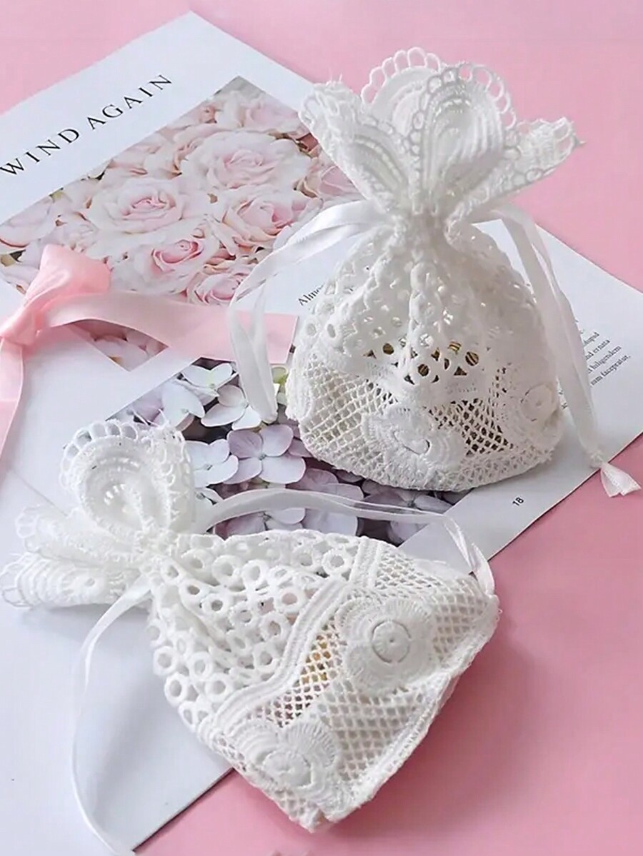 1pc Cotton Drawstring Gift Bags Embroidered Lace Floral Pouches For