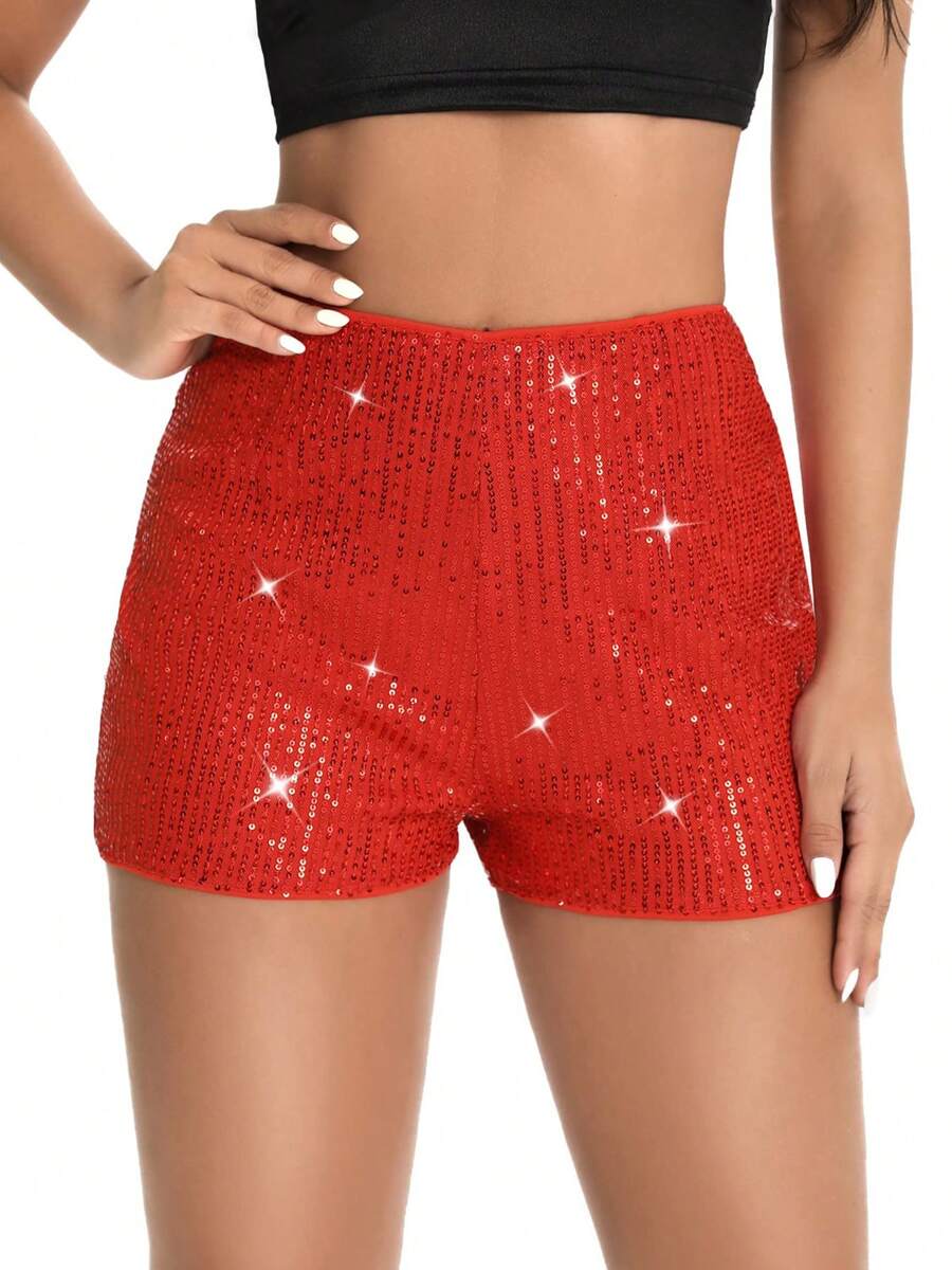 High Waisted Sequin Shorts For Women Elastic Straight Leg Sparkly Glitter Party Shorts - Red - View 1