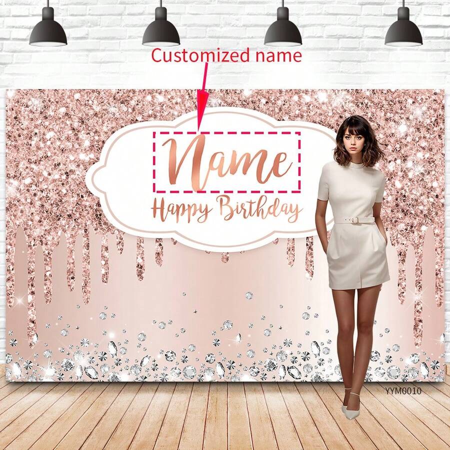 （定制）1 个定制名称、个性化可修改文本、9.8 英尺 X 6.5 英尺玫瑰金闪光钻石背景、涤纶材料横幅、男士/女士生日派对背景、婚礼、洗礼、周年纪念、退休派对摄影背景、便携轻便，适合各种季节性活动 - 彩色 - 查看 1