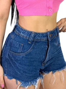Short Jeans Feminino Cintura Sem Lycra - Lavagem escura - Visão 2