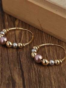 1 Pair Bohemian Style Metallic Color Beaded Hoop Earrings, Suitable For Women's Daily, Party And Travel Jewelry Gifts
