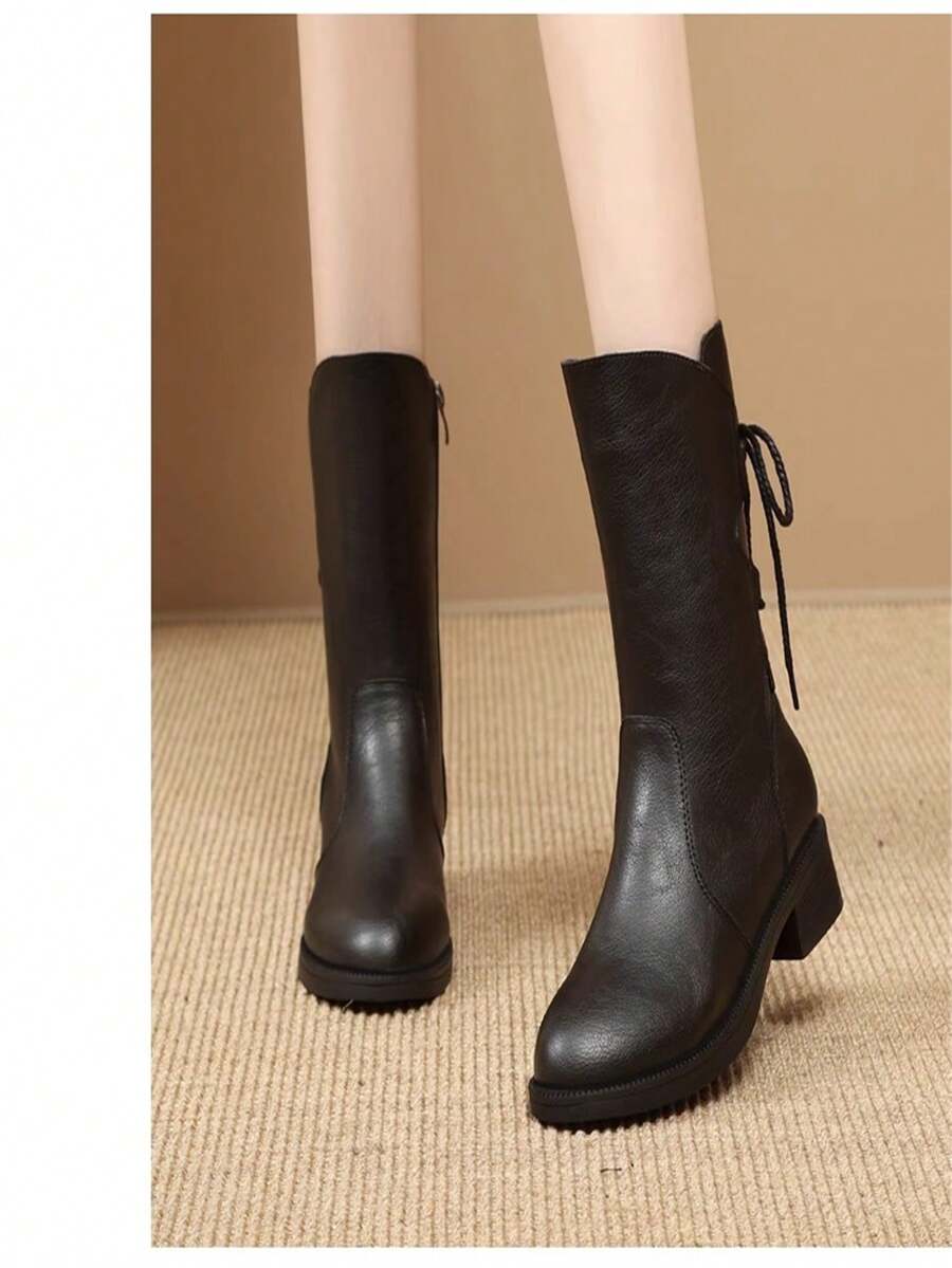 1 Đôi bốt cao gót mũi nhọn dày cho nữ, bốt ngắn phong cách phương Tây ngoài trời mùa thu/đông mới, phong cách Anh thời thượng - màu đen - Xem 1