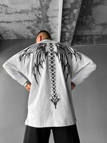 Men's Casual High Street Contrast Color Wing Print Long Sleeve T-Shirt, Spring And Autumn - White - View 1