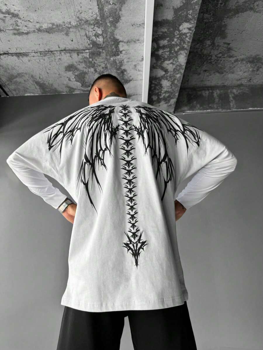 Men's Casual High Street Contrast Color Wing Print Long Sleeve T-Shirt, Spring And Autumn - White - View 1