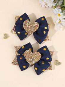 2pcs Navy Blue Hair Clips With Gold Polka Dot Pattern, Shiny Sequin Hair Clips With Gold Heart, Suitable For Girls And Teenagers - Navy Blue - View 8