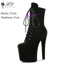 Sexy Faux Suede17CM Ultra High Heels Stripper Platform Short Boots Women Fetish Shoes Pole Dance 7 Inch Gothic Strappy Shoes - 黑絲絨17cm - 查看 1