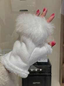 Patchwork Fluffy Warming Y2K Street Style Fingerless Short Gloves With Strap - Multicolor - View 2