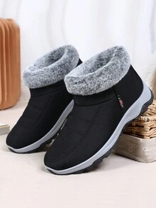 女士毛绒衬里靴子，厚底软底冬季保暖雪地靴，防滑 - 黑色 - 查看 9