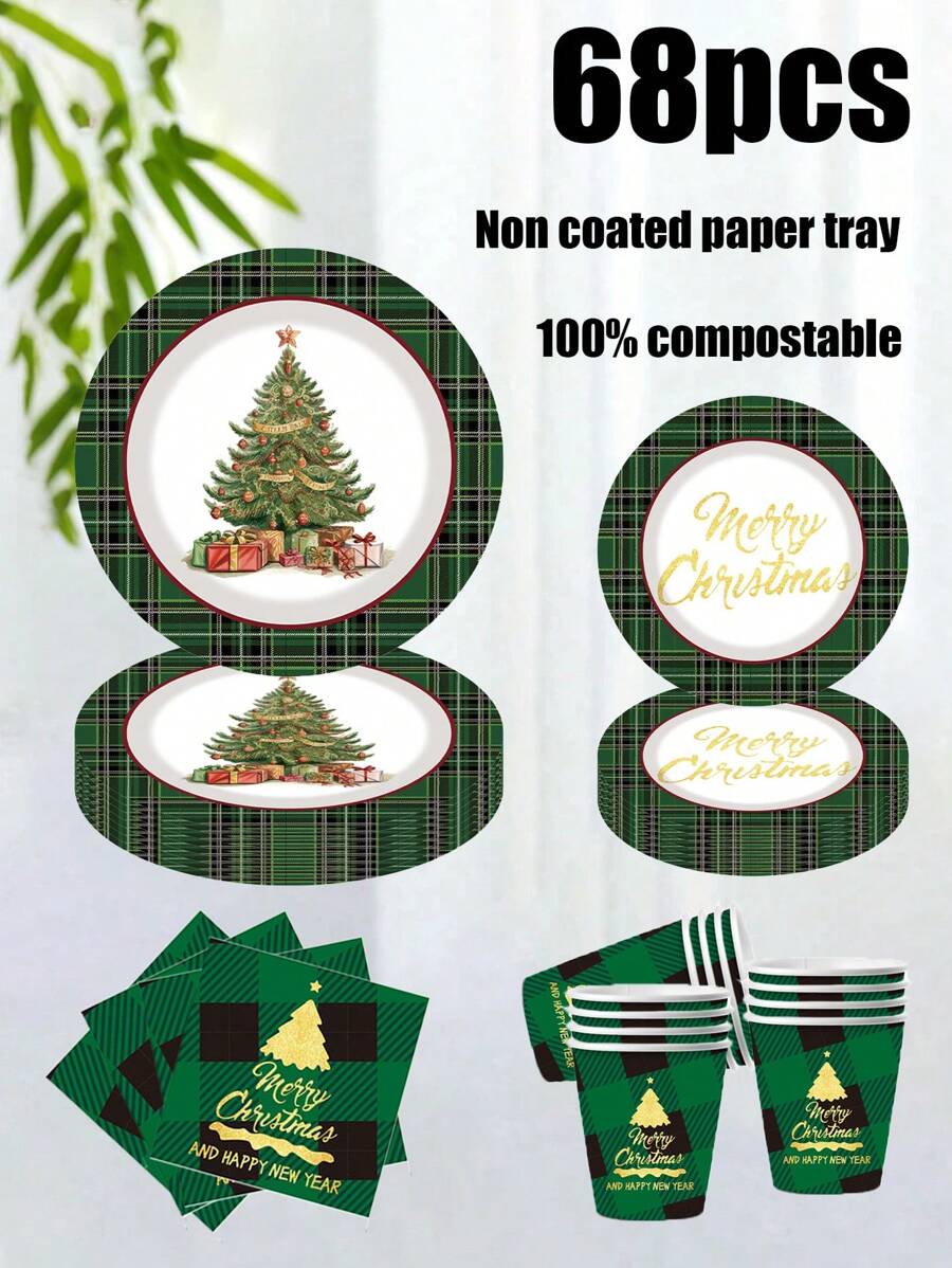 Zestaw 68 elementów wykonany z materiałów, w tym jednorazowe talerzyki papierowe, talerzyki papierowe z motywem zielonego drzewa, 7-calowe talerzyki papierowe, 9-calowa tektura, jednorazowe talerzyki na imprezę, materiały, talerzyki papierowe, akcesoria na imprezę