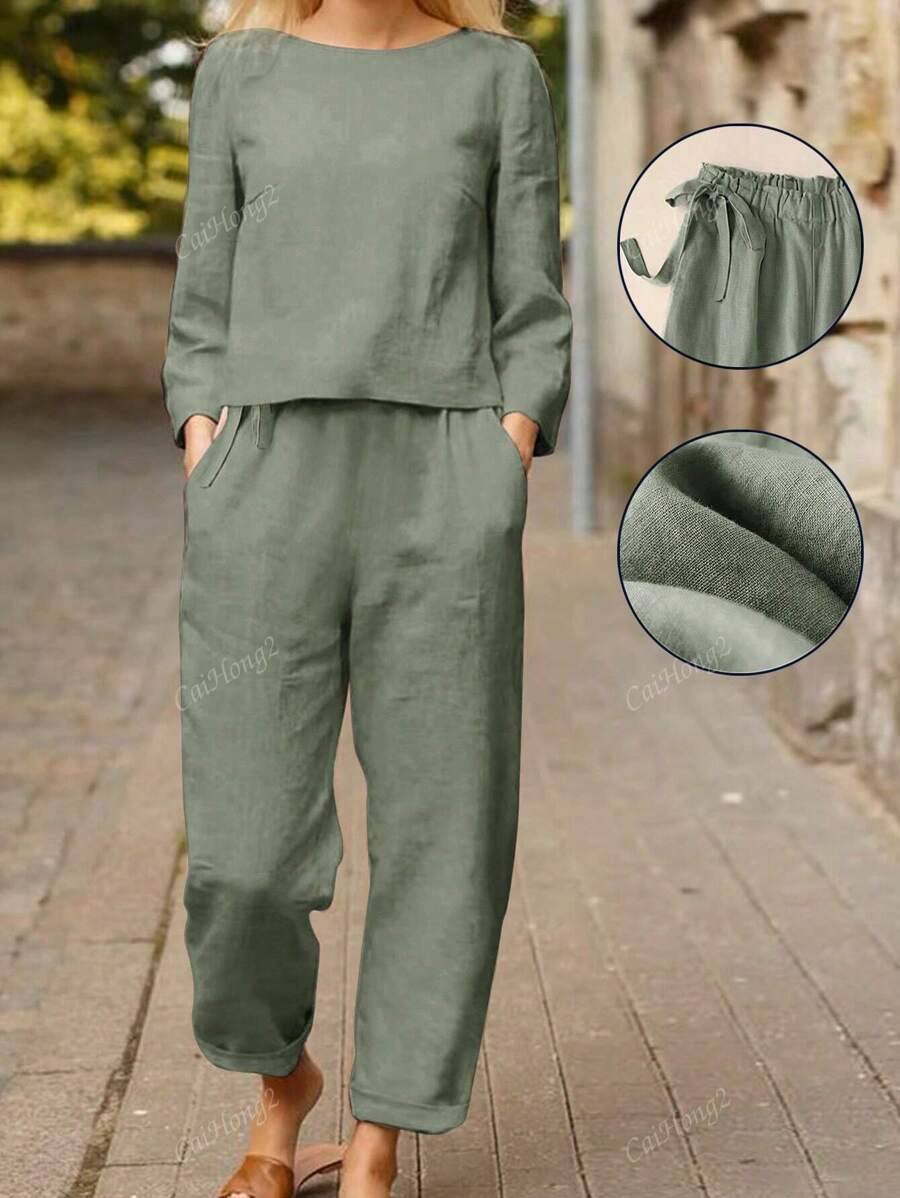 Women's Autumn New Popular Solid Color Round Neck Long-Sleeved Shirt And Pocket Elastic Pants Casual Loose Commuting And Linen Two-Piece Set
