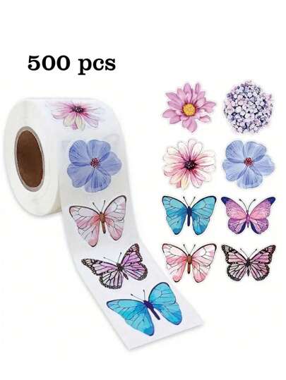 500pcs/Roll Butterfly & Flower Self-Adhesive Stickers, Suitable For Gift Box And Handcraft DIY Decor, Water-Resistant PVC Non-Glue Sticker Back To School