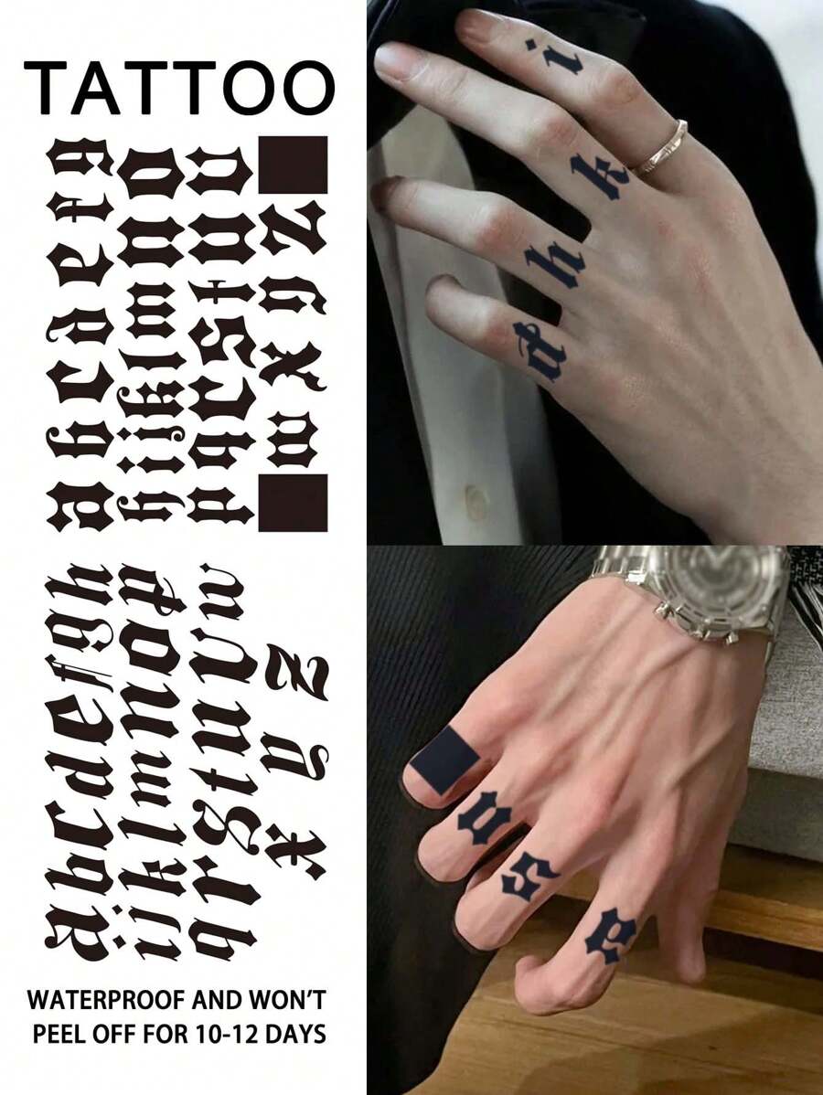 1Pc 26 chữ cái tiếng Anh Hình xăm tạm thời Không thấm nước Chống mồ hôi Kéo dài trong 1-2 tuần Nước ép thảo dược chân thực Không phản quang Chống ma sát Hình xăm giả màu đen cho nam và nữ Miếng dán hình xăm cho cánh tay, ngực, eo, lưng, bụng, chân, cổ, ngón tay, tai Nghệ thuật cơ thể hiện đại - màu đen - Xem 1