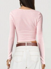 Y2K 女式性感修身条纹长袖 U 领 T 恤 - 粉色 - 查看 2