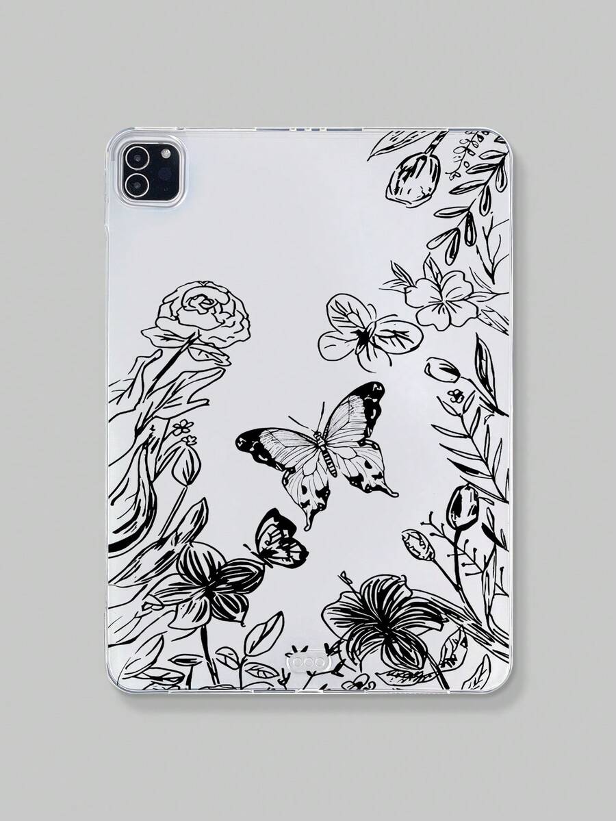 Floral And Butterfly Outline Drawing Protective Transparent IPad Case