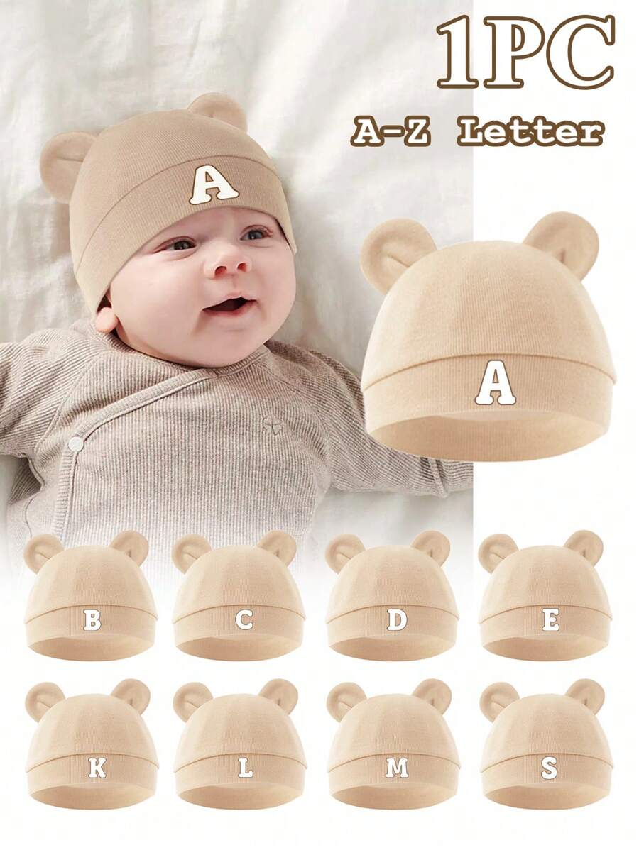 1 st bomull 26 bokstäver tryckt baby hatt, mjuk och varm för nyfödda pojkar och flickor daglig användning under alla årstider. - Aprikos - Visa 1