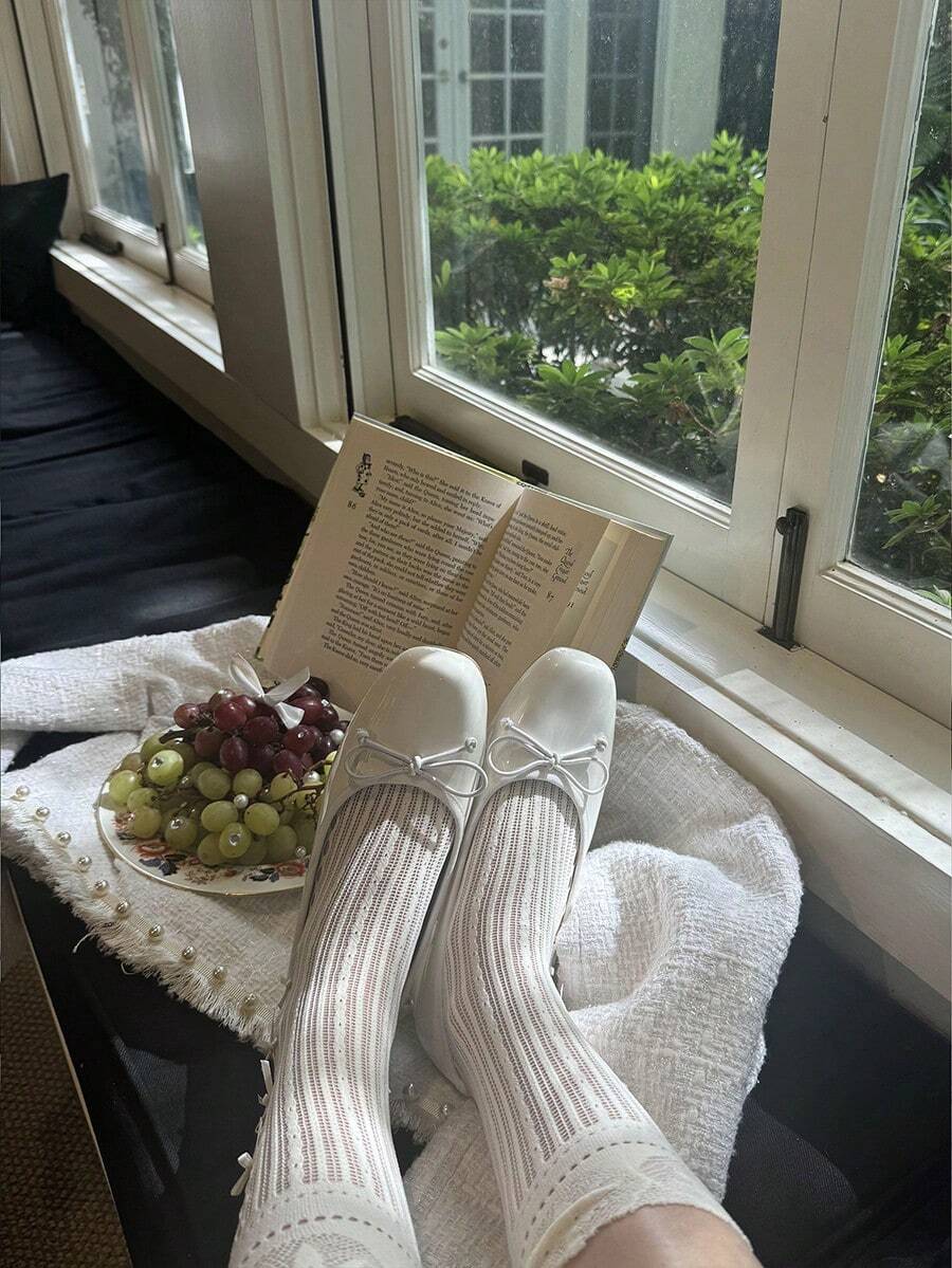 BELOVELY[Connection-1]Women's Elegant Coquette Ballet Pumps, Low Chunky Block Heels, Square Toe Comfy Doll Shoes With Bowknots - trắng - Xem 1