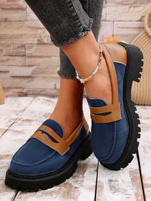 Giày lười vải vá kiểu Anh cỡ lớn cho nữ, giày đế bệt cổ điển thường ngày đa năng - Màu xanh lam - Xem 1