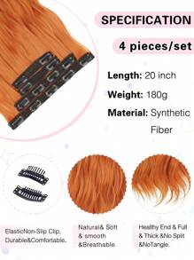20-Inch 4pcs Long Wavy Orange Clip-In Hair Extensions, Natural Soft Synthetic Fiber Clip-In Hairpieces, Suitable For Women, Girls For Daily, Party, Halloween And Other Occasions - Orange - View 4