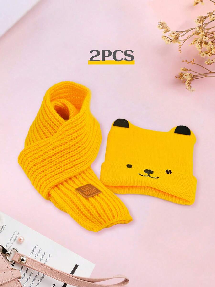 2件装婴儿帽子围巾秋冬季韩版时尚保暖毛线帽可爱婴儿套头帽围巾宝宝针织帽 - 彩色 - 查看 1