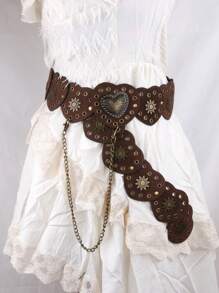 1 件女式复古棕色西式金属心形拼接腰带，Y2K Baddie 复古美学皮革腰带配蝴蝶链情人节情人节夏季、学校秋季、秋季、万圣节