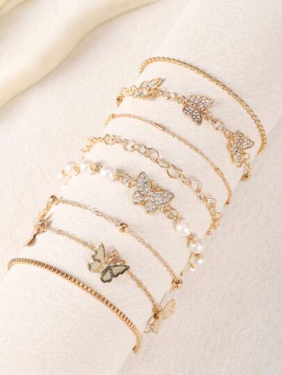 8pcs/Set Fashion Simple Faux Pearl Copper Inlaid Zirconia Butterfly Bracelet Set, Suitable For Women Daily Wear, Party, Gift