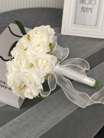 1pc Branco 18-Head Pequeno Buquê de Flores de Rosa, Adequado para Noivas, Madrinhas, Casamentos, Adereços de Fotografia, Decoração Dia dos Namorados