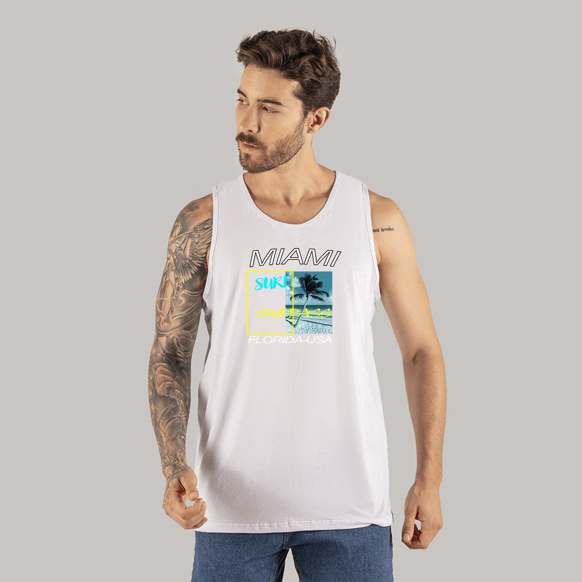 Miami Ski T-Shirt Printed Cotton Tank Top For Gym Various Colors - 白色 - 查看 1