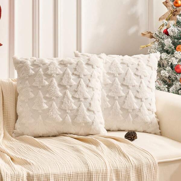 2pcs Christmas Plush Embroidered Pillow Covers, Christmas Tree Series, Christmas Throw Pillow Covers, Square Cushion Covers, 17.7*17.7 Inch (Pillow Insert Not Included), Fabric Home Holiday Decor, Suitable For Bedroom, Sofa, Office Lumbar Pillow