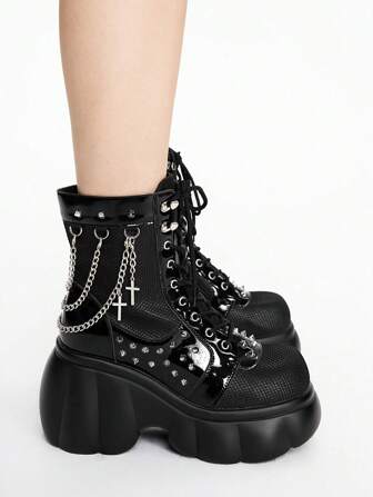 Women's Chain Platform Boots Lace Up & Zipper Chunky Heel Black Combat Ankle Booties Fashion Studded Motorcycle Boots