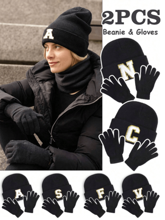 2pcs/Set (Knit Hat + Gloves) English Letter Knit Hat + Fingerless Gloves, Unisex, Y2K Style, Outdoor Winter Warm, Casual For Daily Commute