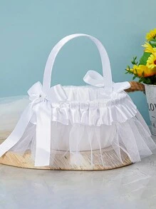 1 件装婚礼花童篮手工编织蕾丝婚礼篮配珍珠手柄甜美浪漫花瓣篮蕾丝婚礼篮适合花童派对用品万圣节