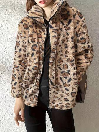 豹纹拉链抽绳蓬松拼布长袖长外套，秋冬