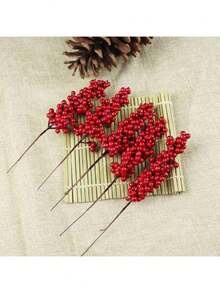 10pcs/Set Christmas Decoration Red Berry Picks, Artificial Red Berry Stems, Lucky Fruits, Lunar New Year Red Maple Fruits, New Year Auspicious Bucket Red Maple Fruits, Eucalyptus Sprigs, Holly Branch Wreath Vase Decor, Fake Flowers Room Accessories, Home Decor - Multicolor - View 8