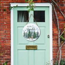 冬季欢迎标志前门装饰农舍冬季松木门挂钩适用于户外门廊乡村圆形悬挂标志适用于家庭前门廊墙壁装饰 - 彩色 - 查看 5