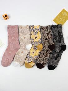 5 Pairs Rhombus Retro Plaid Floral Geometric Pattern Fashionable Korean Style Soft & Comfortable Mid-Calf Women Socks - Multicolor - View 2