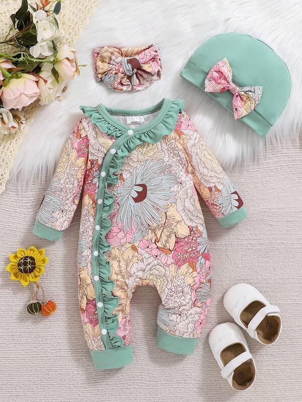 Baby Girl Floral Print Jumpsuit With Hat, Autumn/Winter
